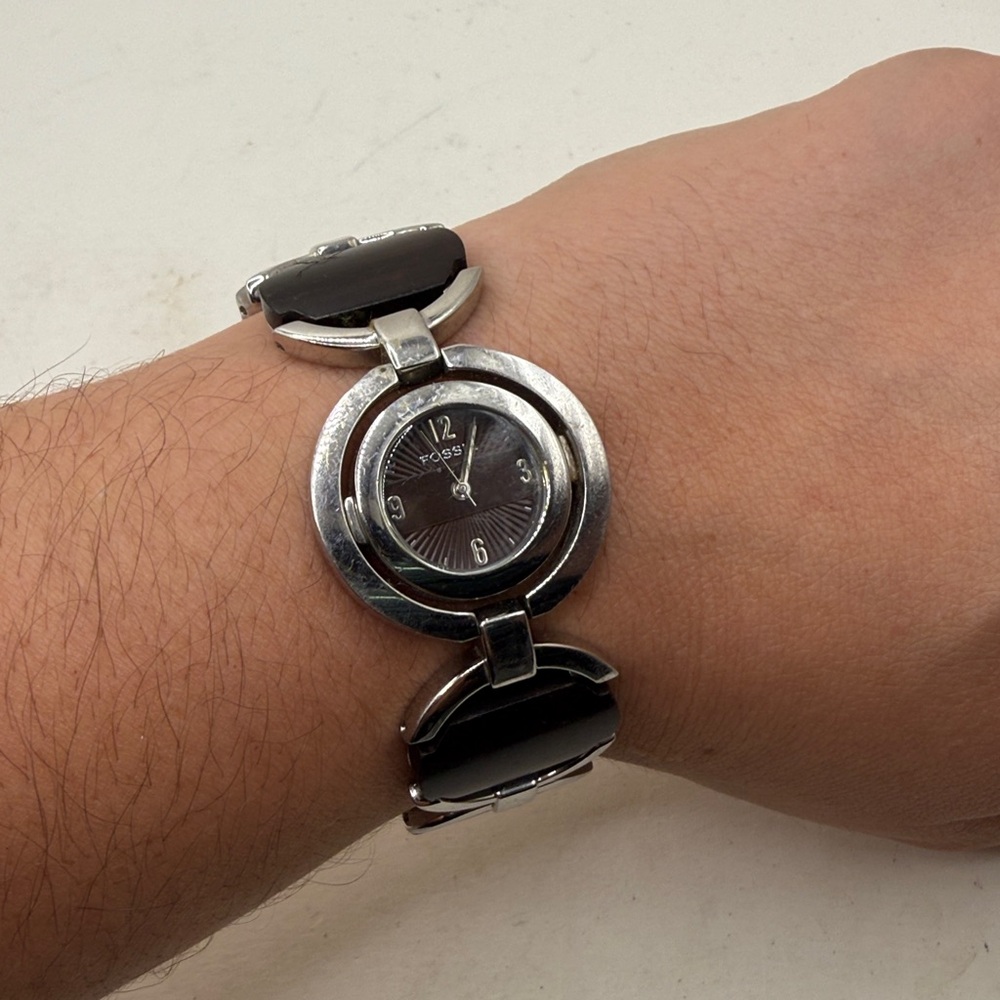 Retro Fossil Black Onyx Silver Stainless Steel Watch Bracelet NEEDS BATTERY